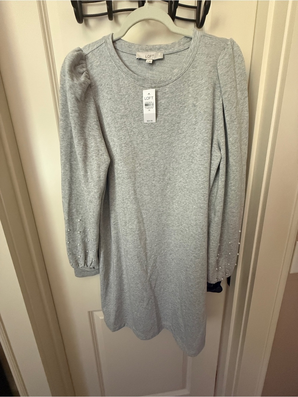 LOFT Light Gray Long-Sleeve Puff Shoulder Dress with Pearl Cuff Accents